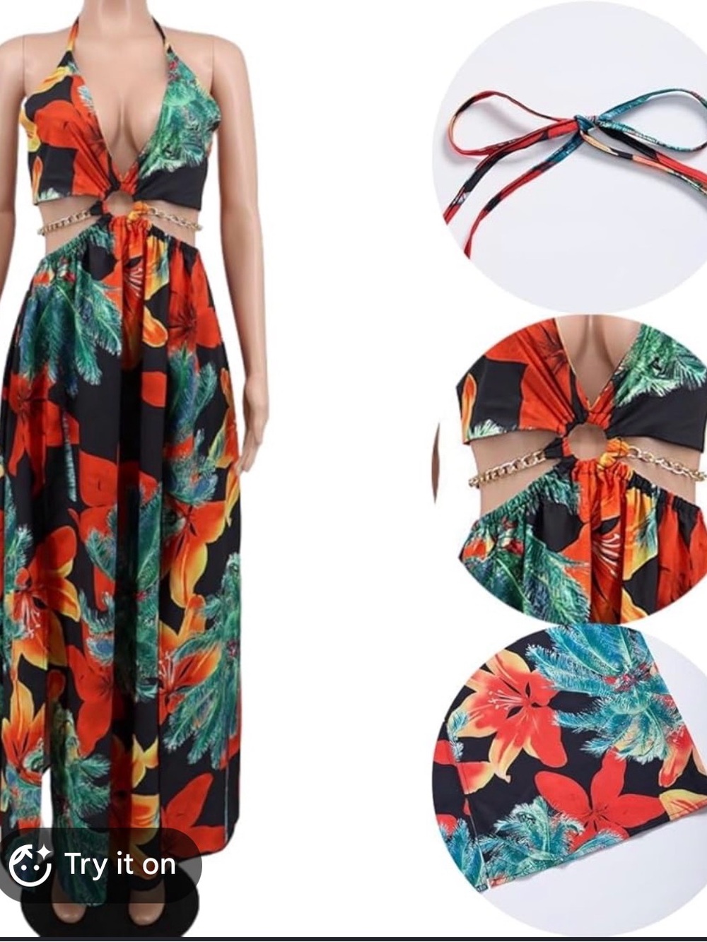 Tropical Halter Maxi Dress in Navy with Orange & Teal Floral Print